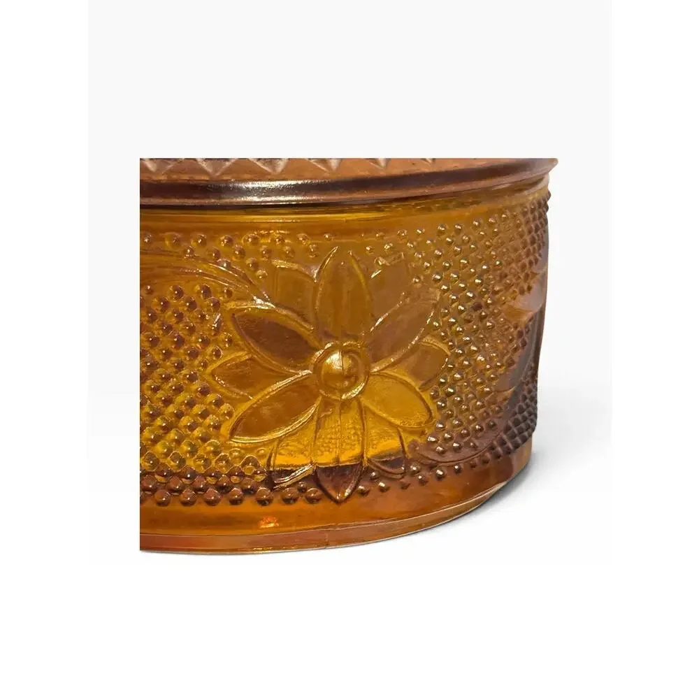 Tiara Amber Trinket Puff Dish With Lid Sandwich Glass Vintage Vanity Jewelry Jar